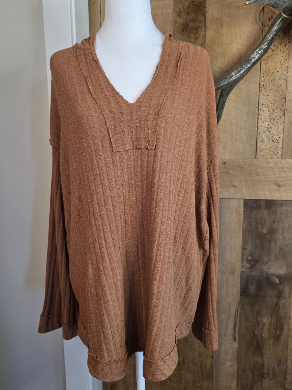 Wishlist Rust Brown Oversized Hooded Tunic Top M/L Boho Raw Seam Cabin Lagenlook